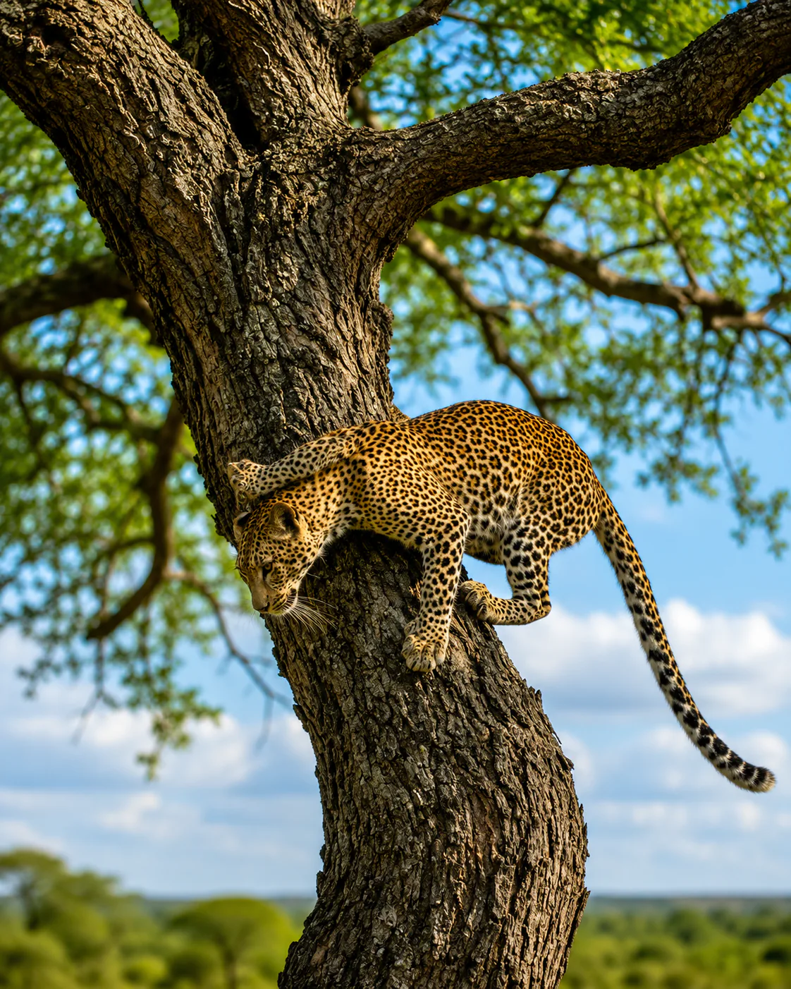 Leopard climbing down the trunk of a broad tree